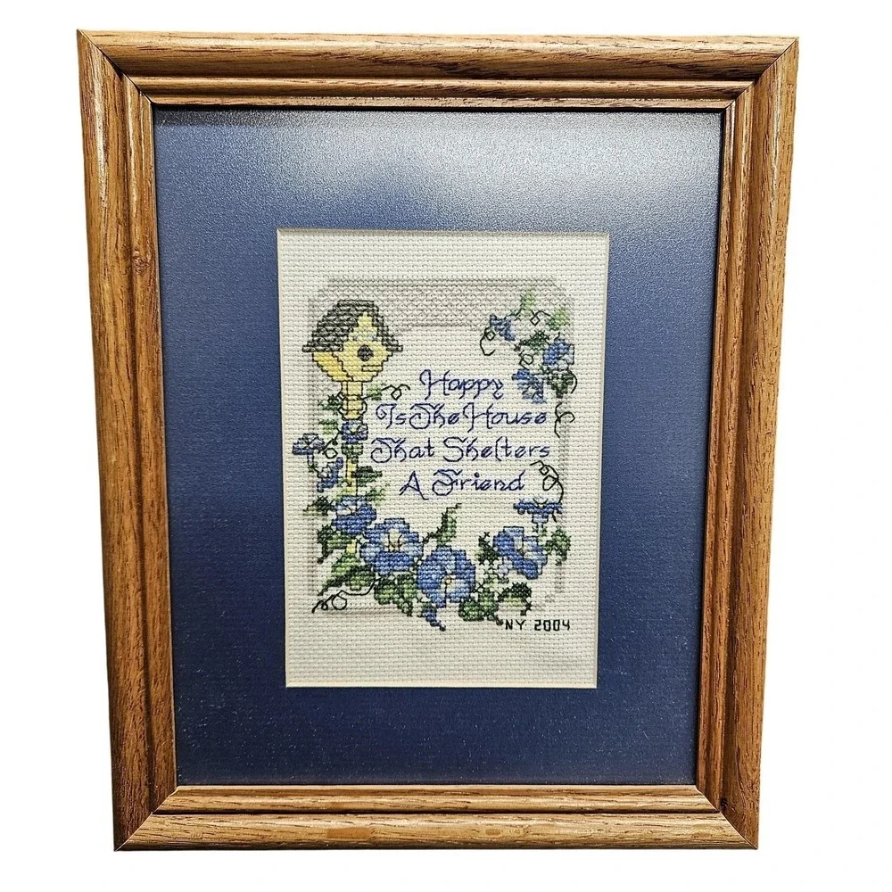 VTG 2004 Handmade Birdhouse Friendship Framed Cross Stitch Tapestry 9X11 Sampler
